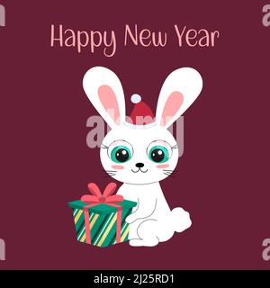 Biglietto di auguri per l'anno nuovo felice. Carino fumetto coniglio simbolo 2023 con scatola regalo di Natale colorato. Divertente personaggio coniglietto siede e sorride. 2023 anno di Ra Illustrazione Vettoriale