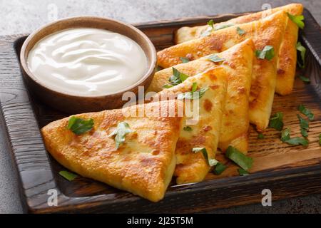 Pie benderyki ucraini deliziosi con carne servita con panna acida primo piano su un vassoio di legno sul tavolo. Orizzontale Foto Stock