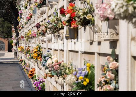 Cimitero murale italiano con lapidi e fiori artificiali in una soleggiata giornata estiva a Venezia, Isola di San Michele. Commemorazione dei morti, Foto Stock