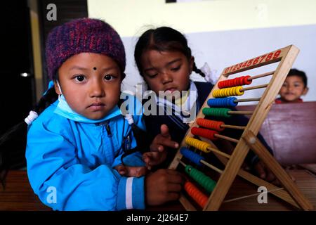 Scuola elementare. Gli studenti imparano a contare su un abaco. Foto Stock