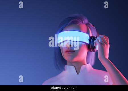 3D personaggio femminile con occhiali e visore VR futuristici. Spazio copia. Concetto metaverse, tecnologia, videogiochi e realtà virtuale. 3d rendering Foto Stock