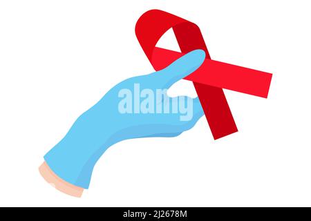 Illustrazione vettoriale di un cartoon della mano di un medico in un guanto blu che tiene un nastro rosso. Simbolo medico della lotta contro l'AIDS e l'HIV. Illustrazione Vettoriale