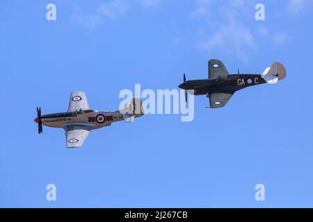 Gli aerei da combattimento storici della seconda guerra mondiale, un P-51 Mustang (argento) e un Curtiss P-40 Kittyhawk (verde) in volo ad un'esposizione aerea Foto Stock