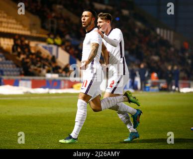 COLCHESTER, Regno Unito, MARZO 29: Sam Greenwood (Leeds United)of England U20 celebra il suo obiettivo durante Under 20 International tra England und Foto Stock