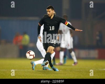 COLCHESTER, Regno Unito, MARZO 29: Soufiane Messeguem di Germania sotto 20 durante Under 20 Internazionale tra Inghilterra sotto 20 e Germania sotto Foto Stock