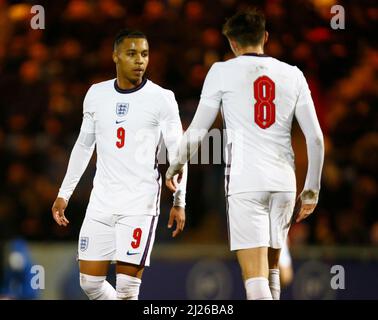 COLCHESTER, Regno Unito, MARZO 29: Cameron Archer of England U20 durante Under 20 Internazionale tra Inghilterra Under 20 e Germania Under 20 al Foto Stock