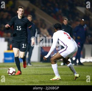 COLCHESTER, Regno Unito, MARZO 29: Lasse Rodenboom di Germania sotto i 20 anni durante Under 20 Internazionale tra Inghilterra sotto i 20 anni e Germania sotto i 20 anni Foto Stock