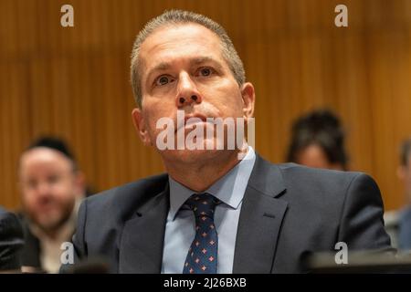 29 marzo 2022, New York, New York, Stati Uniti: Gilad Erdan, Rappresentante permanente d'Israele parla durante Equiano.Stories - Presidente dell'Assemblea Generale per celebrare la Giornata Internazionale del ricordo delle vittime della schiavitù e del Commercio transatlantico degli schiavi presso la Camera del Consiglio dei Trusteeship delle Nazioni Unite. Durante l'evento sono stati mostrati estratti dal film Equiano.Stories prodotti da Mati Kochavi e sponsorizzati dalla missione israeliana all'ONU. (Credit Image: © Lev Radin/Pacific Press via ZUMA Press Wire) Foto Stock
