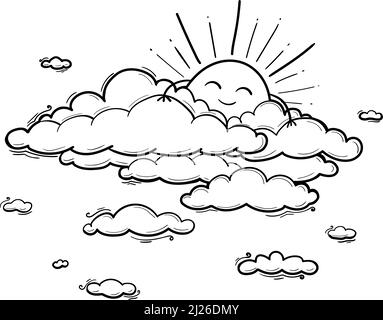 Disegno Sun e Cloud in stile di incisione. Illustrazione vettoriale isolata su bianco Illustrazione Vettoriale