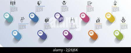 Infografica icone di Business Management illustrazione vettoriale. modello di informazioni su 10 passaggi colorati con testo modificabile. Illustrazione Vettoriale