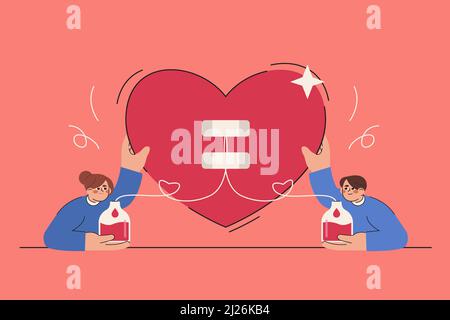 Le coppie piatte donano il sangue in ospedale medico. Paziente donatore uomo e donna che tocca il segno del cuore grande. Giornata mondiale dei donatori di sangue o beneficenza sanitaria. Concetto di donazione e salvataggio di vite sanitarie. Illustrazione Vettoriale