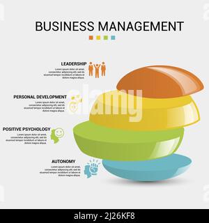 Infografica icone di Business Management illustrazione vettoriale. modello di informazioni su 4 passaggi colorati con testo modificabile. Illustrazione Vettoriale