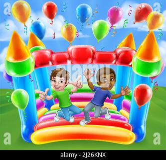 Bouncy House Castello Jumping Boys Kids Cartoon Illustrazione Vettoriale