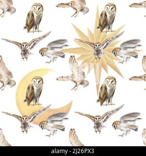 Acquerello modello senza cuciture che volano gufo fienile gufo. Un'illustrazione realistica di un OWL. Carta digitale. Uccello bianco con ali beige e testa notturna Foto Stock