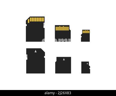 Schede di memoria isolate. Set vettoriale di schede di memoria digitali su sfondo bianco. Formati SD, micro e mini. Illustrazione piatta vettoriale. Illustrazione Vettoriale