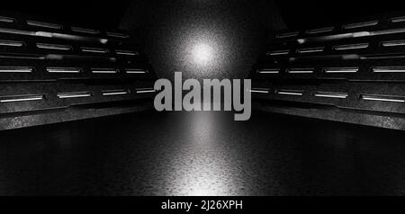 Sci-Fi Cyber background Alien Spaceship Room Tunnel Corridoio Argento scuro Grigio sfondo Spaceship architettura 3D Illustrazione Foto Stock