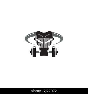 Cranio toro e logo di Dumbbell o disegno di icona Illustrazione Vettoriale