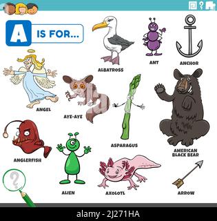 Illustrazione di fumetti e oggetti didattici che iniziano con una lettera Un set per bambini Illustrazione Vettoriale