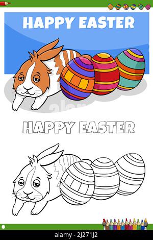 Illustrazione cartoon di carino coniglio di Pasqua con uova di Pasqua colorazione pagina libro Illustrazione Vettoriale