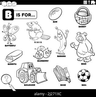Illustrazione di fumetti e oggetti in bianco e nero che iniziano con la lettera B impostata per i bambini che colorano la pagina del libro Illustrazione Vettoriale
