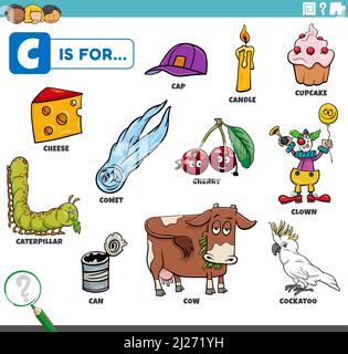 Illustrazione di fumetti e oggetti didattici che iniziano con la lettera C impostata per i bambini Illustrazione Vettoriale