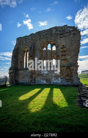 Rovine dell'abbazia di Egglestone sulle rive del fiume Tees nella contea di Durham Foto Stock