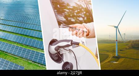 Concetto di energia rinnovabile con mulini a vento, pannelli solari e auto elettrica EV, sbloccato con telefono cellulare da donna. Foto Stock