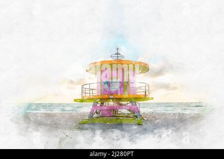 Illustrazione di pittura di acquerello della torre di bagnino in South Beach a Fort Lauderdale Florida, Stati Uniti Foto Stock