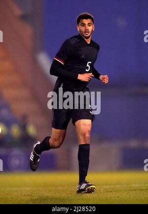 Jamie Lawrence in Germania durante la partita Under 20 Elite League al JobServe Community Stadium di Colchester. Data foto: Martedì 29 marzo 2022. Foto Stock