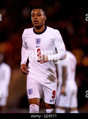 Cameron Archer in Inghilterra durante la partita Under 20 Elite League al JobServe Community Stadium di Colchester. Data foto: Martedì 29 marzo 2022. Foto Stock