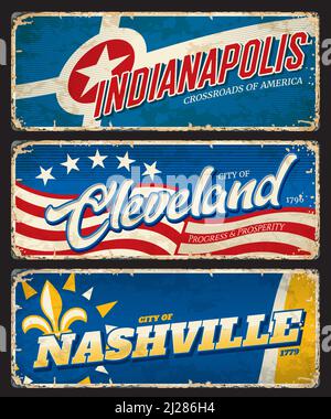 Cleveland, Indianapolis e Nashville stati uniti targhe e adesivi da viaggio. USA città o città vintage piatto, grunge viaggio banner o carta. Stati Uniti d'America tour retro vettore teglia segni Illustrazione Vettoriale