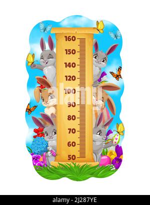 Tabella altezza bambini di coniglietti di Pasqua e caccia alle uova. Misuratore di misura di crescita su rotolo di carta vettoriale, stadiometro per bambini con conigli di cartoni animati, uova, fiori e farfalle, disegno adesivo parete infantile Illustrazione Vettoriale