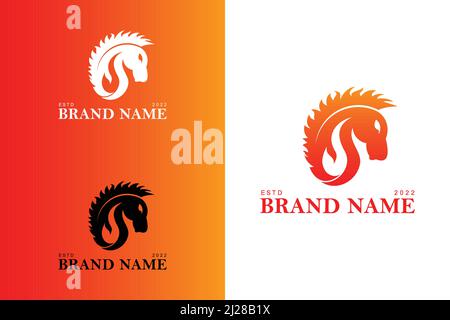 Astratto Fire Horse Logo. Logo testa di cavallo con concetto di fuoco su spazio negativo. Illustrazione Vettoriale
