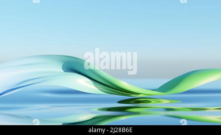 Vento nastro di vetro su acqua. Carta da parati astratta per striscione. 3d rendering. Foto Stock