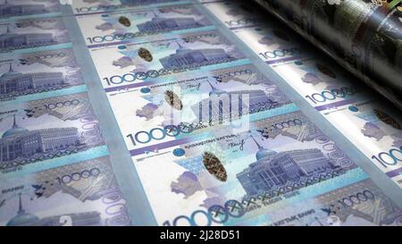 Kazakh Tenge Money stampa 3D illustrazione. Stampa di banconote KZT. Concetto di finanza, cassa, crisi economica, successo aziendale, recessione, banca, tasse e. Foto Stock