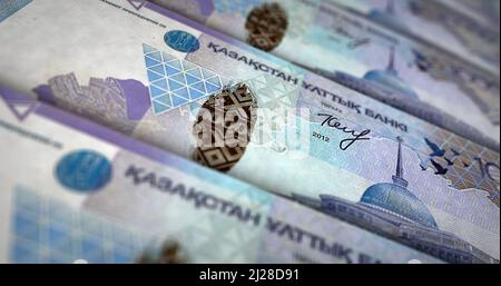 Kazakh Tenge Money stampa 3D illustrazione. Stampa di banconote KZT. Concetto di finanza, cassa, crisi economica, successo aziendale, recessione, banca, tasse e. Foto Stock