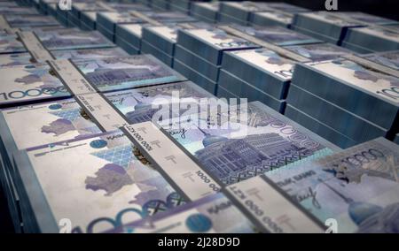 Kazakh Tenge Money stampa 3D illustrazione. Stampa di banconote KZT. Concetto di finanza, cassa, crisi economica, successo aziendale, recessione, banca, tasse e. Foto Stock