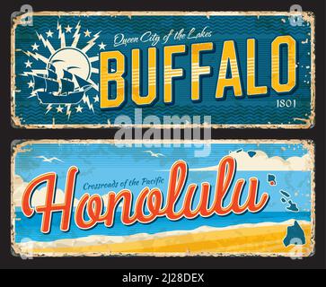 Buffalo, Honolulu americani targhe e adesivi da viaggio. Cartello americano Journey Tin, adesivi vettoriali USA City Gorgy o cartoline ricordo. Targhe della città degli Stati Uniti con simbolo della città o della bandiera Illustrazione Vettoriale