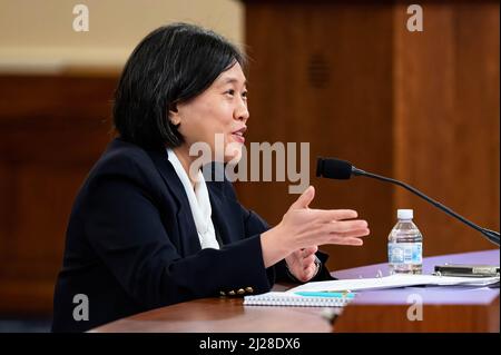 Washington, Stati Uniti. 30th Mar 2022. L'ambasciatore Katherine Tai, rappresentante commerciale degli Stati Uniti, parla all'audizione della House Ways & Mees Committee. Credit: SOPA Images Limited/Alamy Live News Foto Stock