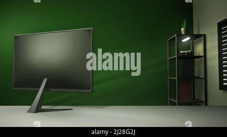 Sfondo virtuale di una casa o di un ufficio con una scrivania e un monitor. Un rendering 3D ideale come sfondo verde dello schermo Foto Stock