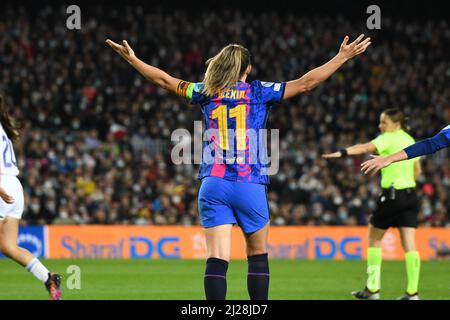 Barcellona, Spagna. 30th Mar 2022. BARCELLONA, SPAGNA - 30 MARZO: Alexia Putellas di Barcellona reagisce durante una partita della UEFA Women's Champions League tra Barcellona e Real Madrid a Camp Nou il 30 marzo 2022 a Barcellona, Spagna. (Foto di Sara Aribó/PxImages) Credit: PX Images/Alamy Live News Foto Stock