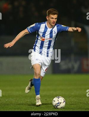 HARTLEPOOL, REGNO UNITO. MAR 29th Hartlepool United's Mark Shelton durante la partita della Sky Bet League 2 tra Hartlepool United e Mansfield Town a Victoria Park, Hartlepool martedì 29th marzo 2022. (Credit: Michael driver | MI News) Credit: MI News & Sport /Alamy Live News Foto Stock