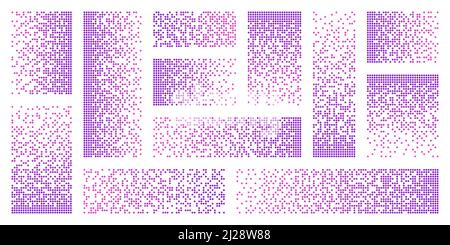 Disintegrazione pixel, effetto decadimento. Vari elementi rettangolari realizzati in forme rotonde colorate. Pattern punteggiato disperso. Texture mosaico con semplice Illustrazione Vettoriale