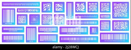 Codici a barre e codici QR dei prodotti moderni e colorati. Codice di identificazione. Numero di serie, ID prodotto con informazioni digitali. Negozio o supermercato Illustrazione Vettoriale