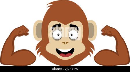 Illustrazione vettoriale del volto di una scimmia cartoon o gorilla che flette le braccia e contrae il suo bicipite Illustrazione Vettoriale