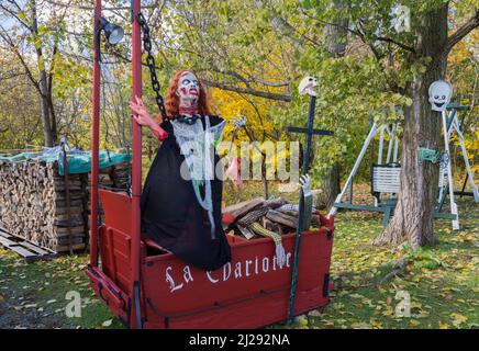 Zombie femmina drappeggiato in abito nero con scialle bianche e incatenato dal collo a un carro a Halloween. Foto Stock