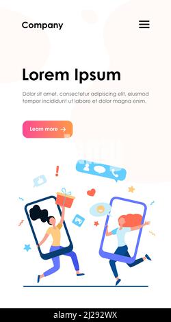 Clienti che condividono riferimenti e guadagnano denaro. Utenti di telefoni cellulari che chattano, scambiano regali. Illustrazione vettoriale per indicare un amico, referenti, loy Illustrazione Vettoriale