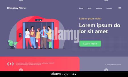 Dipendenti che utilizzano un ascensore per uffici. Uomini d'affari in cabina ascensore con porte aperte. Illustrazione vettoriale per l'architettura, business i Illustrazione Vettoriale