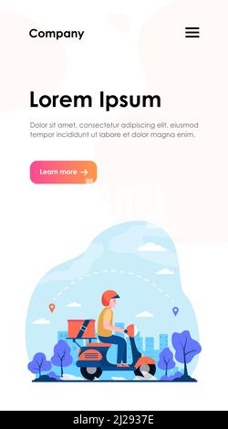 Corriere espresso su scooter spedizione ordinare flat vettore illustrazione. Cartoon uomo che consegna pacchetto o pacchetto e utilizzando GPS. Trasporto, servizio di consegna Illustrazione Vettoriale