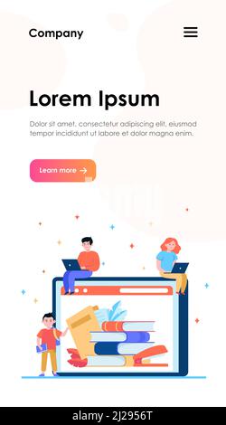 La gente piccola che legge i libri nella biblioteca in linea. Internet, laptop, tecnologia flat vettoriale illustrazione. Concetto di conoscenza e formazione per banner, websit Illustrazione Vettoriale